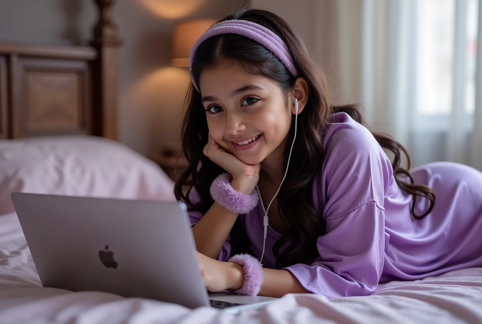 anaswarasdxl, cuteloli, Full image of a young girl looking at laptop while lying down on stomach in her bedroom. She has light-tone makeup, smiling look, Indian skin tone, matte lips. Her hairs are long, brown, wavy and stylish. She is wearing a violet satin night-dress, earbuds, velvet hairband and furry wrist-band. Photorealistic, ultra realistic, detailed skin, soft lighting, ultra-detailed textures, 8K resolution, masterpiece.