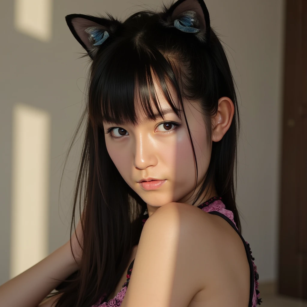 , 8k, High-level, absurd, masterpiece, best quality, primitive, very detailed CG, very detailed wallpaper, perfect lighting, Extremely detailed (((The personifying " Catwoman " as a Little Girl))), MysticSight, Tyndall effect, Tyndall scattering, Studio gray background with (many Dazzling RainbowColor particles BokeH:1.28), (RoundlyButts, ThighGap), (:0.4), ( with looking ahead), BREAK (NOGIZAKA face variations) Extremely Detailed very KAWAII face variations, perfect , Childish, captivating gaze, elaborate detailed Eyes with (sparkling highlights:1.28), long eyelashes、Glossy RED Lips with beautiful details, Coquettish tongue, Rosy cheeks, Radiant PearlSkin with clear transparency . { (Dynamic LifeLike expressions:1.4) | :d) }, (large eyes:-1) .