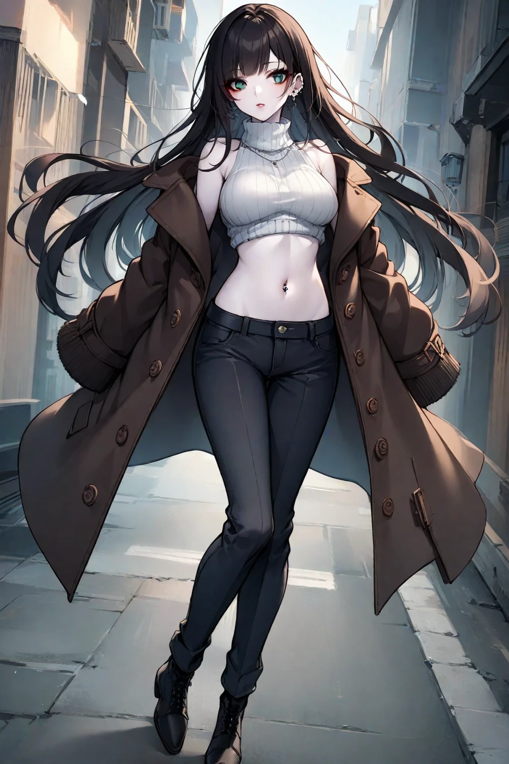 (masterpiece:1.2, best quality:1.2, beautiful, high quality, highres:1.1, aesthetic), detailed, extremely detailed, ambient soft lighting, 4K, perfect eyes, detailed eyes, perfect face, perfect lighting, adult woman, full body illustration, long hair, dark brown hair, ample brest, whide hips, purple eyes, long eyelashes, full body view, corset, leather shorts, long legs, lace pantyhose, black pantyhose, leather boots