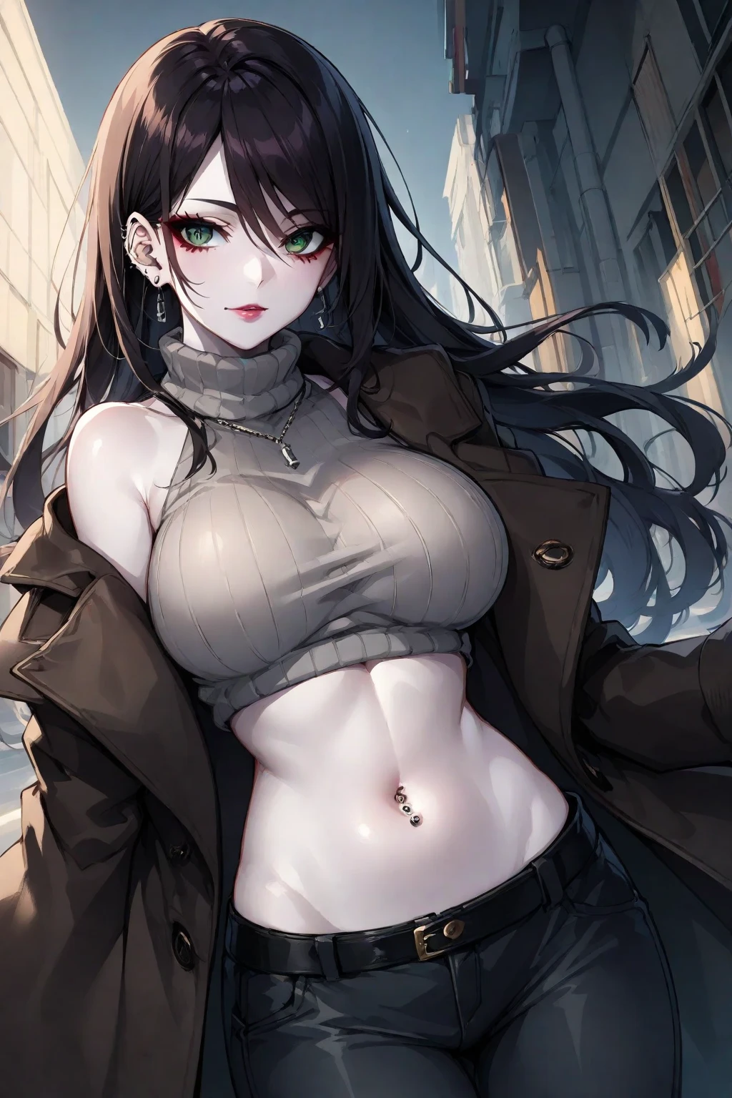 Amazing portrait of a sexy woman with a beautiful face and long wavy mahogany hair wearing a grey strapless top and miniskirt layered with a black coat that is hanging off her shoulders showcasing her shoulders and her amazing body while posing intimately 