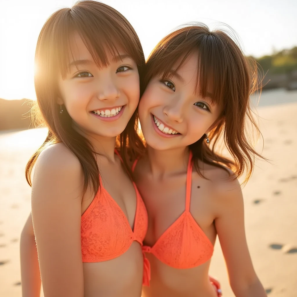 A pair of kneeling sycophants beach bikini love beauty little girls