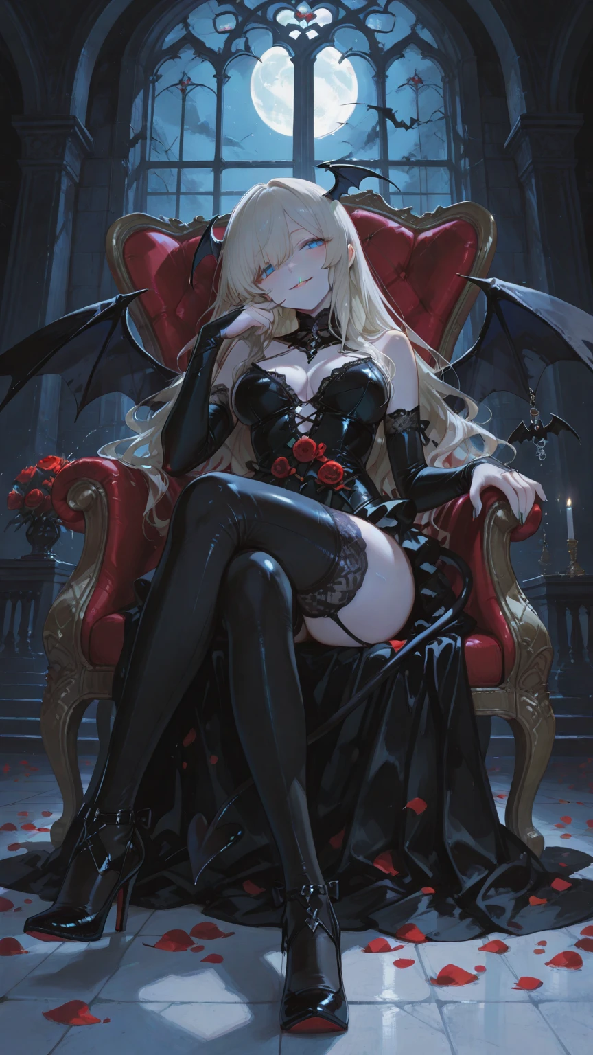 Best quality, highly detailed, ultra detailed, 1 white skin boy, flat chest, male chest, slim curvy body, long blonde hair, pink eyes, vampire, pointy ears, sharp nails, black lipgloss, goth, wearing black bodysuit, black tight pants, big butt, sitting on throne, dark castle, vampire castle
