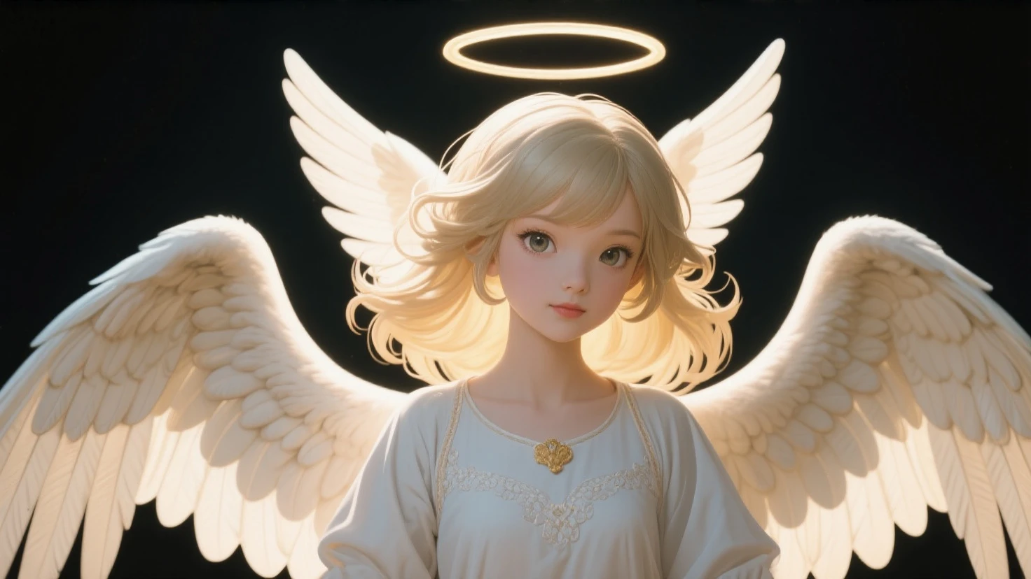 The body is facing straight ahead towards the camera., looking at viewer, from above:1.2, little toddler angel, smile, big eyes, blonde, Neat and loose dress with sleeves, A dazzling light from behind, Angel wings on the back, god々A brightly shining space background, Prayer-like pose, Super realistic