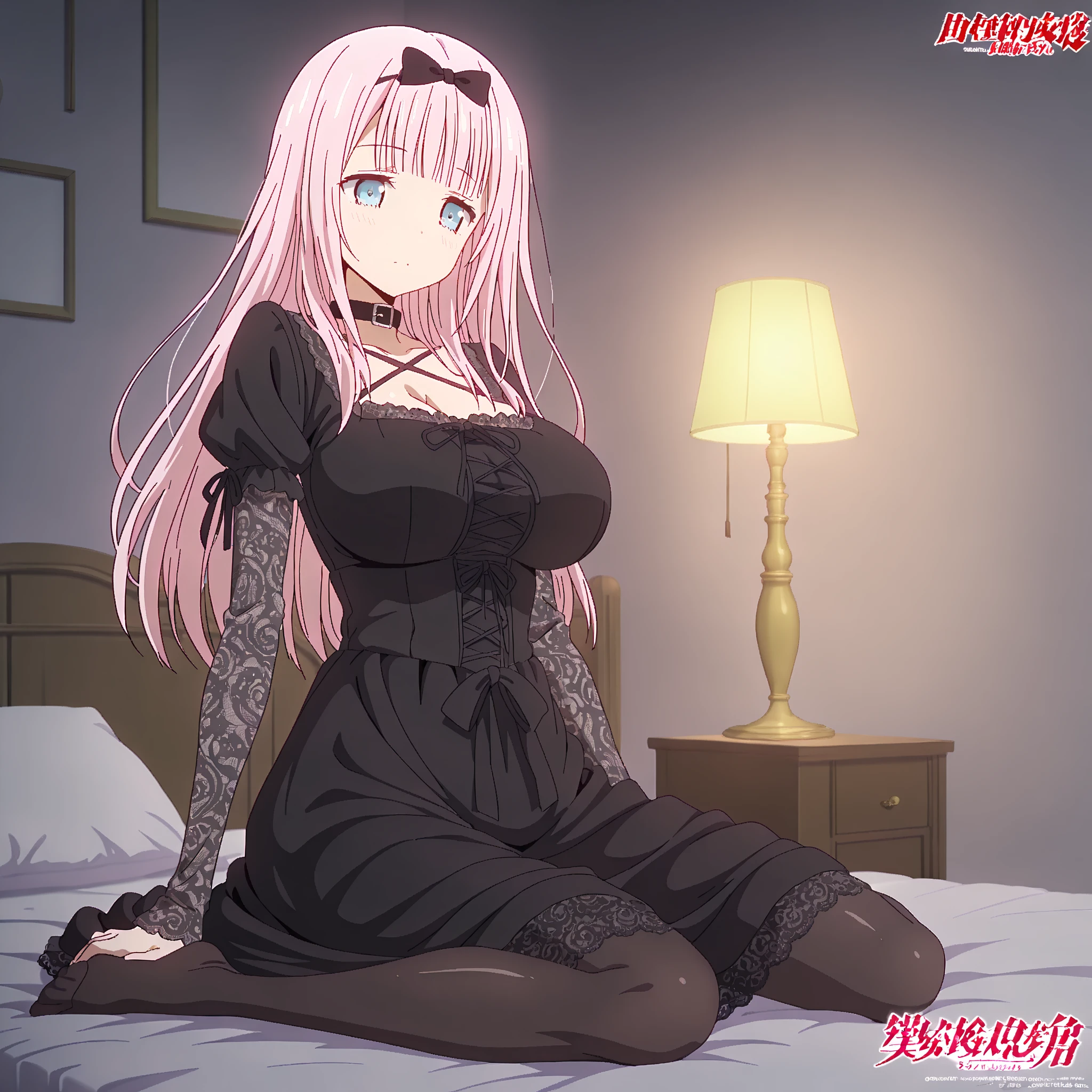 best quality, insanely detailed, nino nakano, breasts, blush, bedroom background, bare-shoulder, looking at viewer, garter strap, a black ribbon, stockings, pussy, smile, lingerie garterbelt, cheerful eye, Legs open to the left and right, nsfw