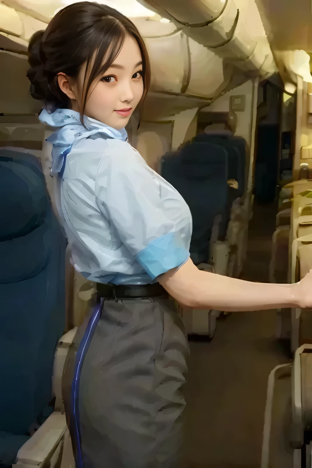 highest quality, masterpiece, 8k, 超A high resolution, (Realistic:1.4), One Girl、Beautiful Face、Symmetrical eyes、((((Very large breasts, Bigger than her face:1.75))))、(((Glamour and perfect body proportions)))、((((Flight attendant uniform:1.35))))、((((Flight attendant uniform that fits her glamorous body perfectly))))、Look at the viewers、(((Inside the plane:1.52)))、View from the front、shoulder、Long legs(1.3)、Korean Idol、Nogizaka Idol、Idol Sculpture、Adult、Porn actress、very cute、((((NSFW:1.45))))