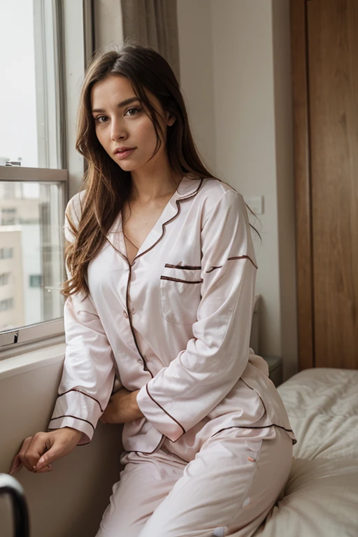 teenage american milf in pajamas and shirt (night suit) , sitting bed, brown straight hairs, teenage, 19 years old, innocent