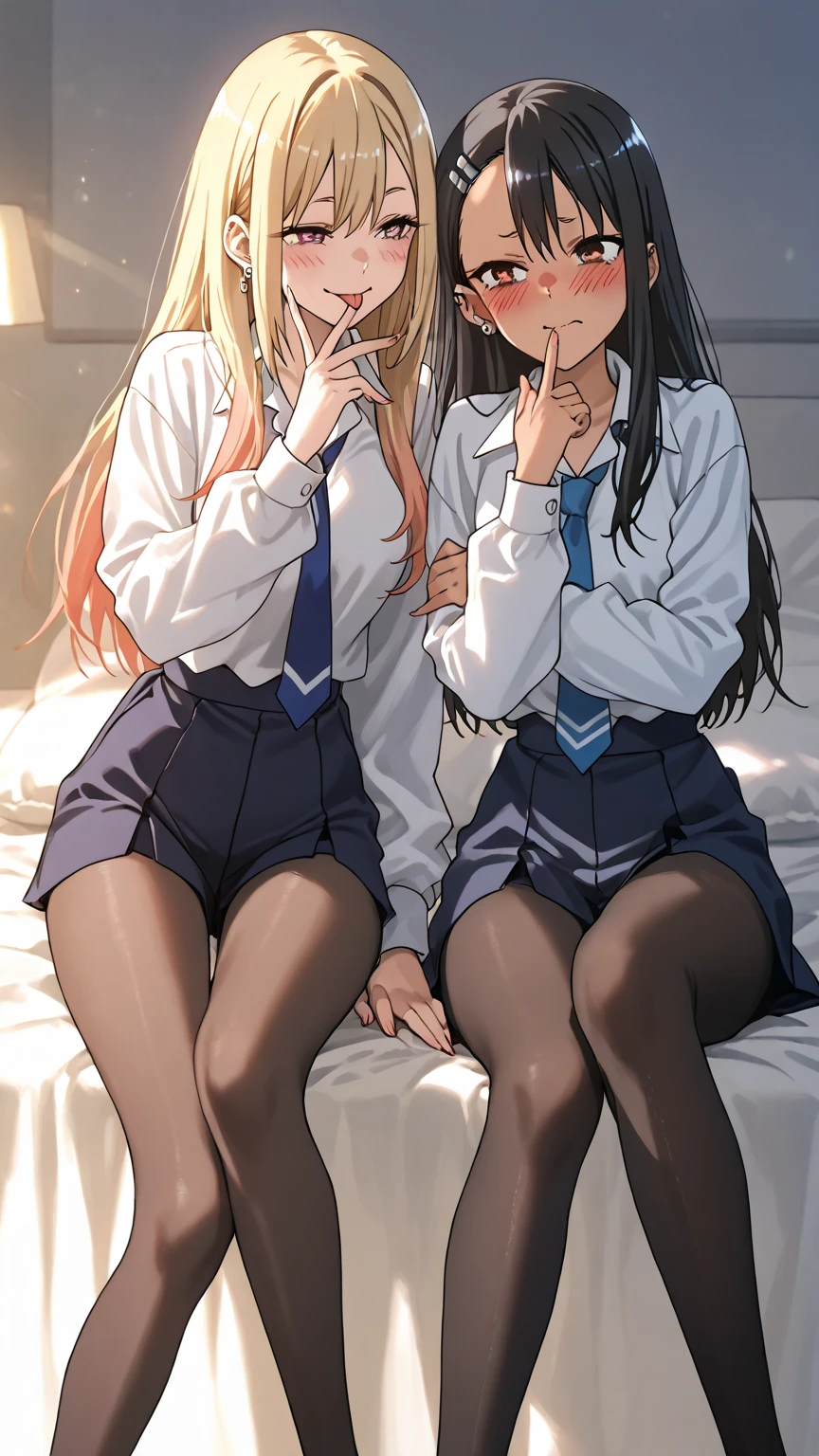 In a scene overflowing with unabashed sensuality, two beautiful girls, cloaked in the allure of their school uniforms, stand in an intimate embrace. With faces beaming with joyfulness and happiness, they gaze at each other, their eyes locked in a passionate dance.
Girl one, with a demure expression, kneels before girl two, her legs spreading wide, revealing the promise of their bareness. She looks deep into the second girl's panties, her head tilted in delight and curiosity. Meanwhile, girl two stands confidently, her skirt lifted high, revealing the sculpted curves of her thighs and the tantalizing shy peek of her breasts.
Their breasts