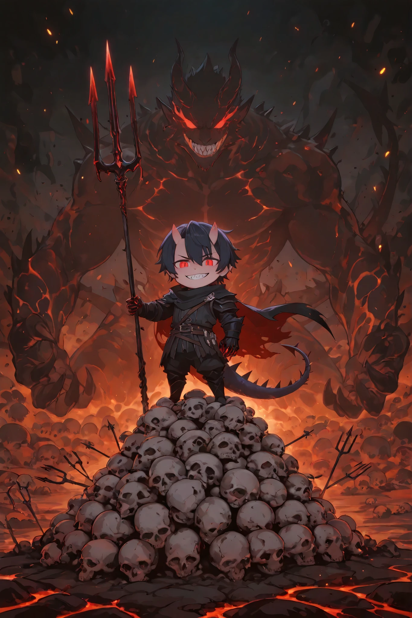 A chibi small mischievous devil Boy standing on a pile of skulls, with tiny horns, a spiked tail, and glowing red eyes. He wears a torn cape and holds a miniature trident, grinning mischievously. The background is a smoky underworld with lava cracks on the ground and floating embers in the air. The character is impish and expressive, with sharp teeth and clawed hands. Stylized, high detail, dark fantasy, dramatic lighting, concept art.