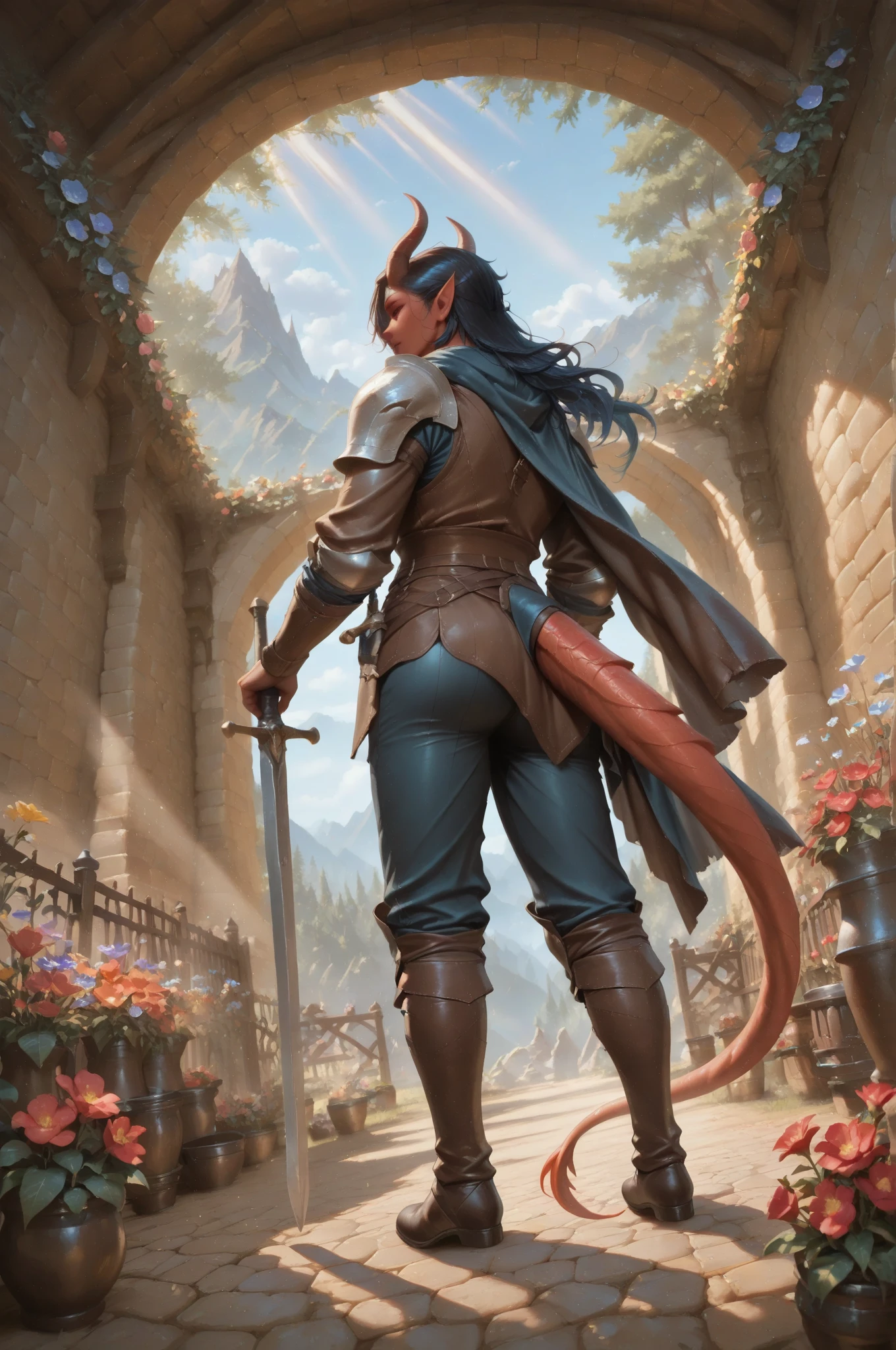 tiefling, pointed ears, horns, tail, View from afar, is training with a sword in a medieval outdoor enclosure. in the foreground, at an angle, a wicker fence with flowers. 
 fantasy style . random time of day. Light illuminates the dust in the air with rays. Glare of light.
.  unrealistic image  . amazing quality,  8 thousand.,    Ultra HD, impressive lighting. fantasy genre, Dramatic lighting. Highly detailed digital art style. The composition is very rich in details. rays of light highlight the dust in the air. high detail. high sharpness.   Dramatic bright lighting  . Deep soft shadows.