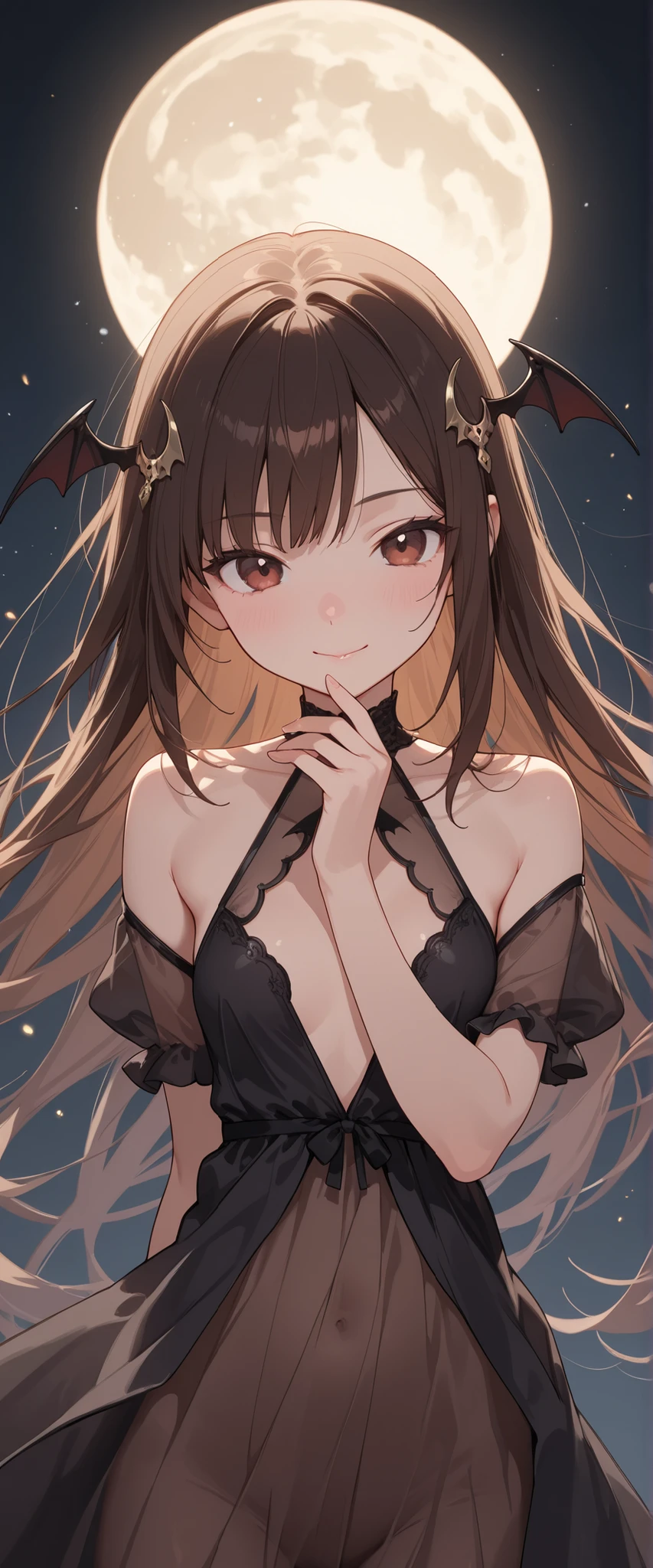 masterpiece, Score_9, Score_8_up, Score_7_up, rear view, 1 woman, alone, brown hair, long curly hair, split bangs, honey eyes, half-closed eyes, parted lips, expressionless, pale skin, large breasts, upper body, Black nightdress with V-neckline, black background, best quality, long and split bangs, boku no Hero academia , with clocks background 