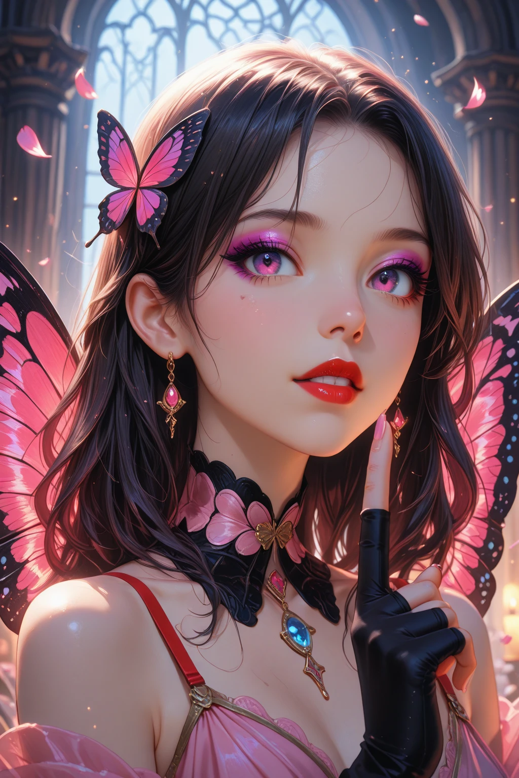 Garden covered with red roses in the background, Silver hair, front ponytail, eyes reflection, red contact lenses, Pink eyes,Heterochromia, Wear earrings, Blue crystal pendant,Evil smile, shairband,High detail, romanticism lain, Depth of field, Sparkle, Ray tracing, viewfinder, zoom layer, Close-up, Bokeh, Anatomically correct, High details, 1080p, Ultra HD
Woman,High ponytail,a sailor suit,Half out of the water,Get wet,Clothing water pattern detail,The expression is solemn,holding knives,Shiny blade detail depiction,reflective light,
Gorgeous and delicate glowing little butterfly hair ornament,brilliant colorful,Fine engraving,Shine brightly,The attention to detail,The jewelry is of high quality,Extremely high image quality