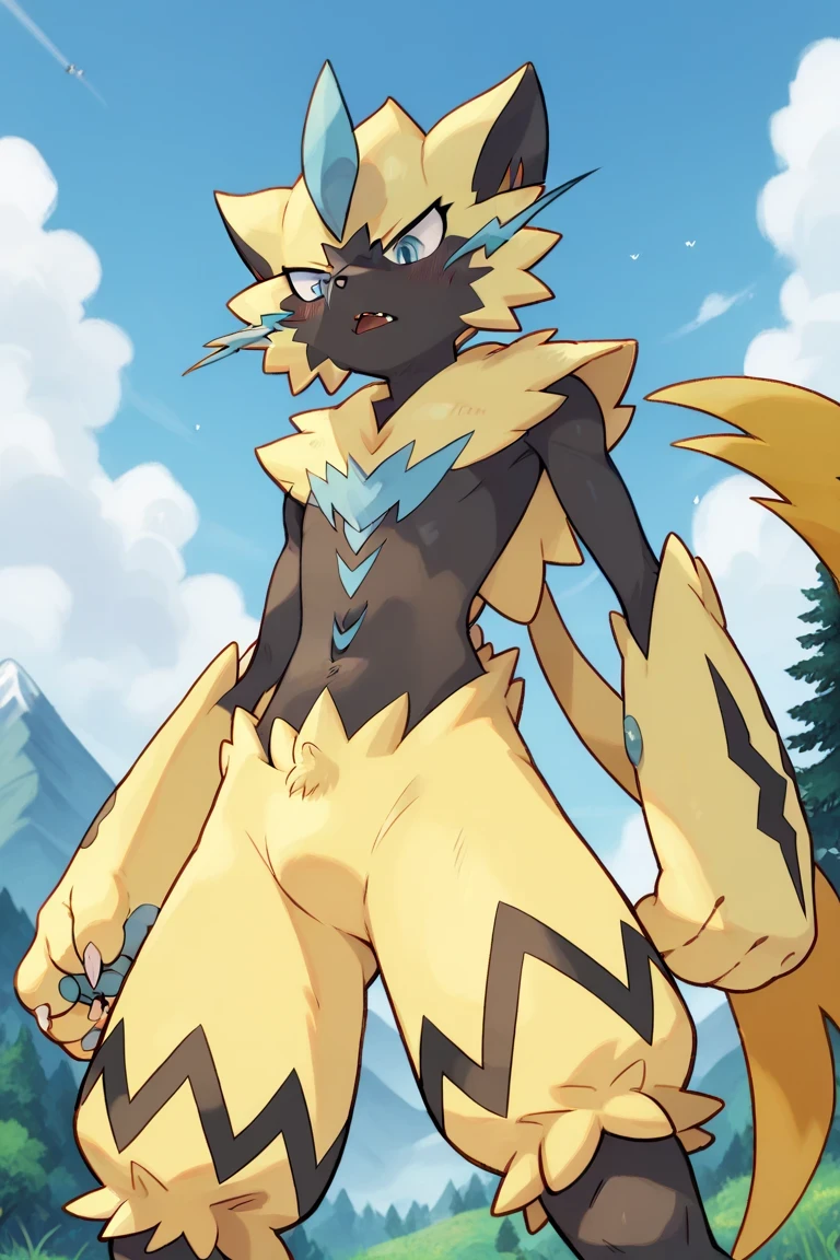 Zeraora Pokémon male , mountains, Sky Blue , nubes blancas , blue sky, in a forest, , aggressive look, WRITE LINES, Bipedal position, Alone, seen from below, looking down, in front, legs apart