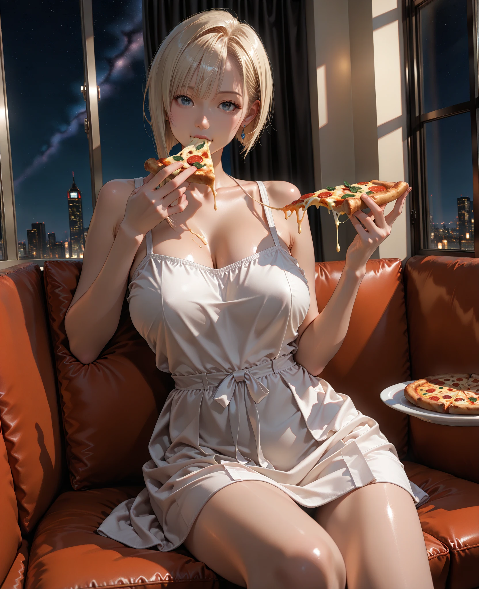 Juicy crumbling pizza, delicious, hot, promotional photo, Intricate details, High resolution, Cinematic, Adobe Lightroom, Very detailed woman Medium Bob Small breasts