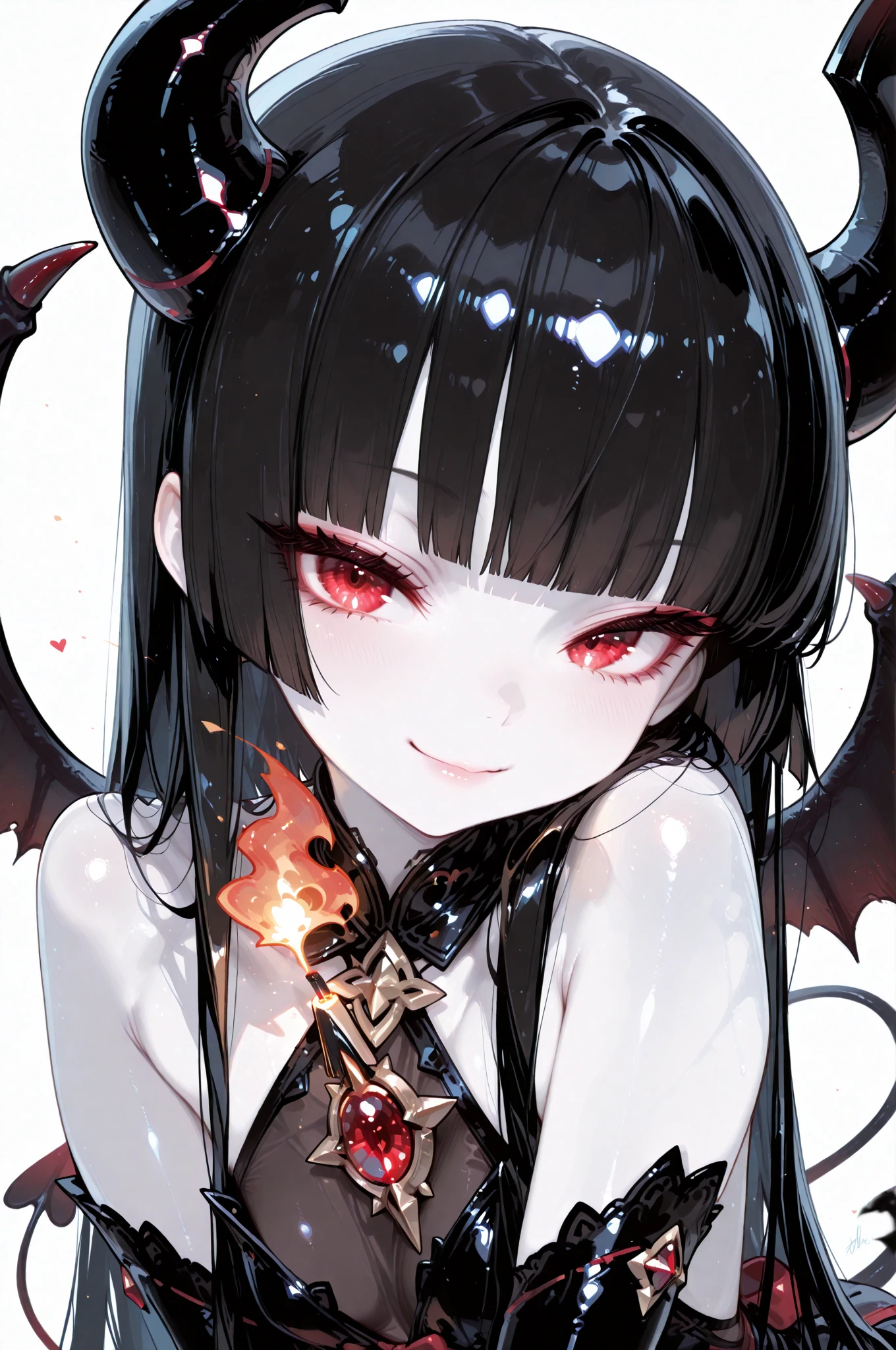 masterpiece, zoom out, score_9, score_8_up, score_7_up, portrait, 1 girl, alone, black hair, long hair, long split bangs, white eyes, black sclera, (r small smile), evil, parted lips, expressionless, big breasts, upper body, V-neck strap basic dress, black bottom, best quality, long split bangs.