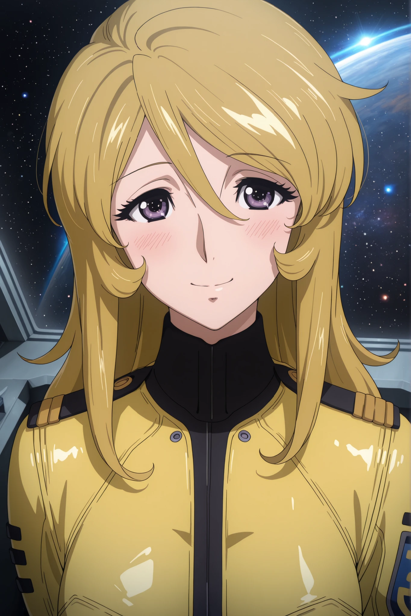 masterpiece,best quality,amazing quality, mori yuki, dirty-blonde hair, long hair, purple eyes, 1girl, solo, space, uniform, smile, hair between eyes, shiny hair, military uniform, military, shiny, blush, closed mouth