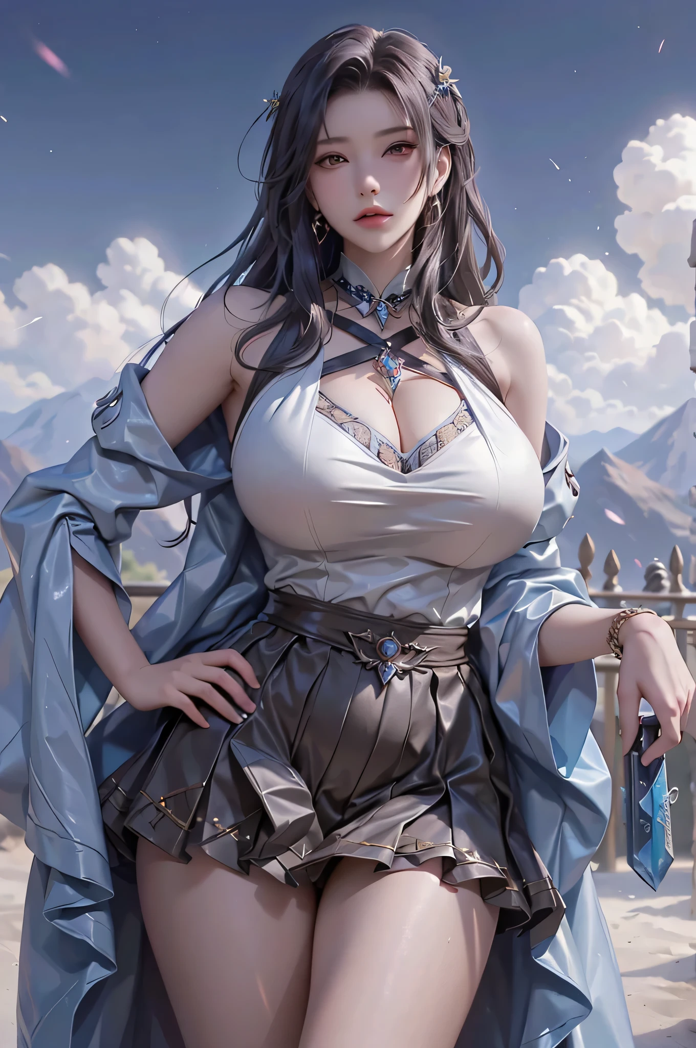 1 beautiful and sexy 20 year old girl, ((ultra-thin sexy nightgown with deep slits to cover :1.6)), ((full nude:1.6)), ((The girl wore an off-the-shoulder dress that revealed her cleavage and exposed her breasts beautifully:1.6)), ((long black hair:1.6)), bangs, elaborate jewelry made from precious stones and beautiful hair, the noble, noble style of an extremely girl beautiful, very pretty and lovely face, ((bright face:1.2)), very pretty face, thin eyebrows, eyes are so beautiful and perfect, flawless beautiful face, ((black pupil: 0.8)), very beautiful eyes, ((eyes silver: 1.5)), ((light purple eyeshadow makeup is very attractive and devilish:1.3)), beautiful makeup and detailed hairdo, eyelashes, steamy eye makeup, high nose, earrings, plump red lips, beautiful and balanced lips, ((closed mouth: 1.5)), slim hands, beautiful thighs best, ((Sitting position, chest puffed out and arms behind: 1.6)), ((unbutton the girl's shirt:1.6)), ashamed, rosy face, clean face, flawless beautiful face, smooth white skin, (big breasts: 1.3)), ((high breasts: 1.6)), firm breasts, beautiful cleavage, (((big and super round breasts: 1.5))), ((super tight breasts: 1.5)), beautiful breasts, busty breasts, perfect body, thrust your chest forward, 8k photo, super high quality, hyper realistic, super 10x pixels, optical, studio bright, edge bright, two-tone lighting, (high detail skin: 1.2), super 8k, soft light, high quality, volumetric light, optical, high resolution optical, light, best photo, 8k quality, smooth sharpness, (((bright white skin, super bright background: 1.2))), (((super bright skin:1.5))), bright colors harmonious light, ((red flower background:1.5)), aurora, lightning, surreal graphics, most realistic graphics, alone, solo, Extremely sharp, surreal images, look at the beautiful girl's body, (((frontal portrait: 1.2)))."