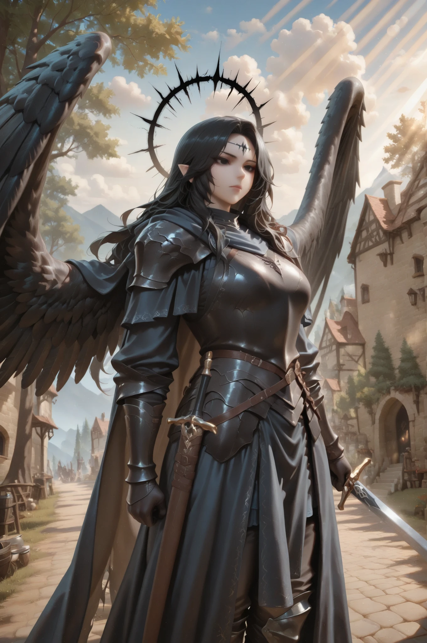 aasimar_fallen, black eyes, bone wings, black halo,, View from afar, soar over the medieval town at dawn . against the background, the medieval village below and the trees. 
 fantasy style . Light illuminates the dust in the air with rays. Glare of light.
 unrealistic image  . amazing quality,  8 thousand.,    Ultra HD, impressive lighting. fantasy genre, Dramatic lighting. Highly detailed digital art style. The composition is very rich in details. rays of light highlight the dust in the air. high detail. high sharpness.   Dramatic bright lighting  . Deep soft shadows.