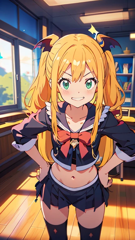 long hair,1girl,hair ornament,twintails,solo,breasts,blue eyes,cleavage,bow,bear hair ornament,necktie,(blonde hair:1.5),smile,bangs,large breasts,looking at viewer,collarbone,shirt,nail polish,(red bow:0.8),black shirt,underwear,bra,skirt,choker,black bra,sleeves rolled up,white necktie,red nails,open mouth,pleated skirt,red skirt,shiny,teeth,medium breasts,miniskirt,shiny hair,school uniform,pink hair,boots,upper teeth only,plaid skirt,blush,knee boots,plaid,black footwear,cross-laced footwear,junko enoshima,jojo pose,<lora:junko-enoshima-lora-3:1>,<lora:botw_style_offset:0.8>,