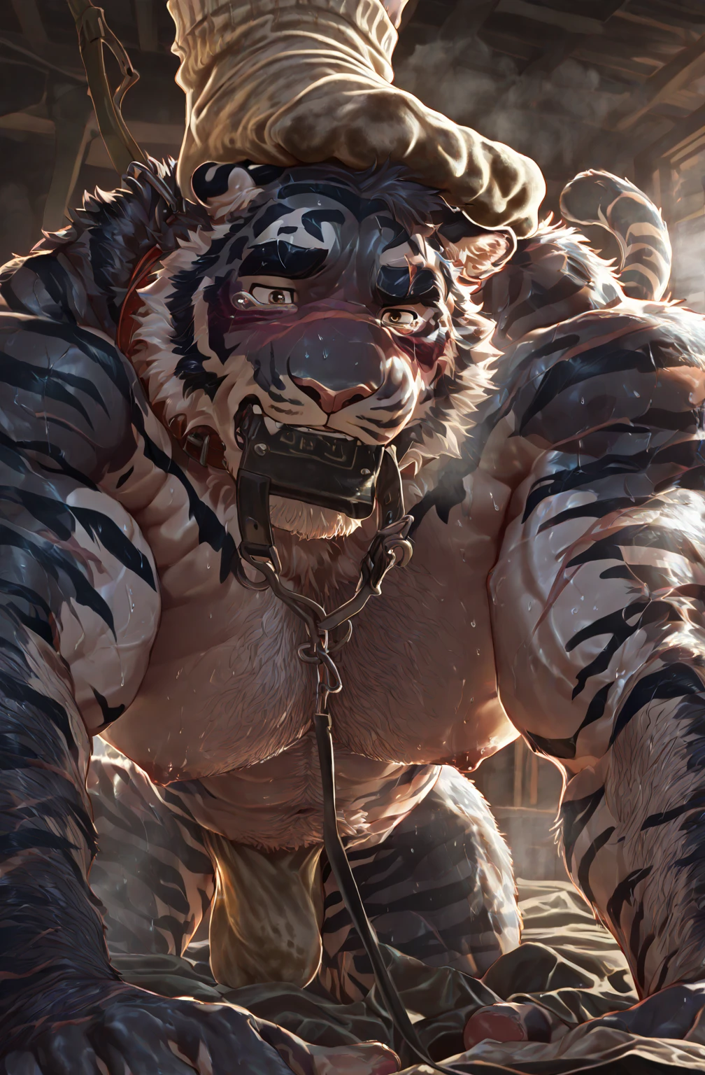 (Chained in a dungeon:1.5),(Wearing tattered ancient costumes:1.5),king,16k high quality detailed art,(Golden Tiger:1.1), (((white and gold fur:1.5))),(Dark and cold two-tone),(a pair of eyes with different colors, one eye has golden pupils and the other eye has blue pupils:1.7),(muscular body:1.2),Handsome,(OK),(perfect face),(exhausted:1.1),(golden and white skin:1.3),(Dark and dank dungeon background),(Half body特写:1.6),Publaz, (Golden Tiger:1.1), (((golden and white fur:1.3))),Handsome, (OK), ((bleed wound:1.6)), Express,(Cold and damp dungeon background),(Eyes of pain and despair:1.3),(Golden Tiger tail),不同的Express,(perfect masterpiece),(32k),(abdominal muscles:1.3),(((middle aged:1.4))),(36 years old),(golden stripes),alone,(black sideburns:1.2),(black beard:1.3),(black chin:1.3),(golden face pattern:1),(Very rich facial details:1.3),(Strong),Half body,(Kneel down:1.3),front view,(cg),(HD),(To chain one's limbs:1.6),(pained expression:1.5),(Lots of chains)