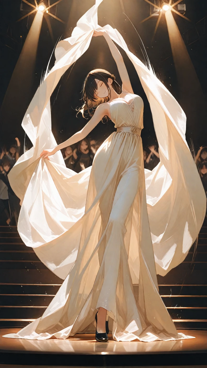 A female dancer dancing passionately on a gorgeous stage. Her movements are fluid, she is graceful and powerful, and her costume is a flamenco dress in bright red and gold. The frills and lace on her dress sparkle in the light and come to life as it flutters in the wind. In the background, warm sunset light shines through, and the stage is decorated with flowers and lanterns, creating an exotic atmosphere. The lights on the stage highlight the woman's silhouette, her hair blowing in the wind, and her expression filled with passion and concentration. The colors are vivid, with a focus on warm tones of red, gold, and orange, creating an overall dramatic and artistic atmosphere.