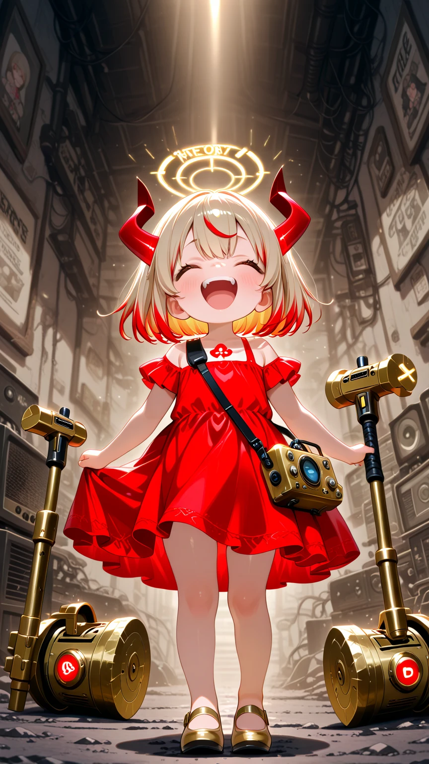 masterpiece、top quality、ultra high resolution、Super Detailed、perfect detail、girls、Toddler、bob hair、laughing、best laugh、horn、Longhorn、red dress、shoes、(hammer:1.2)、(have a hammer:1.2)、radio、machine、destroy the radio、