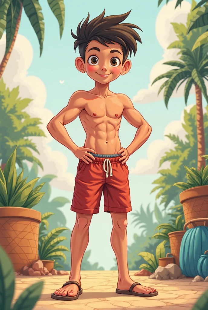 muchacho, very attractive muchacho, Etnia mexicana. sonrisa traviesa, Child, infant, piel bronceada, brown hair, Corte de pelo militar, Joven culturista, raised muscle, hermosa musculatura, aesthetic stretch marks, Inspiring physique, lean muscle, pectorales cuadrados, hermoso cono en v, grandes abdominales y torso, desnudo, desnudo, pene pene erecto, cara hermosa, Rocky desert behind him, sunny day, Kali, oasis, Mirando al espectador, Pocas nubes en el cielo, birds.