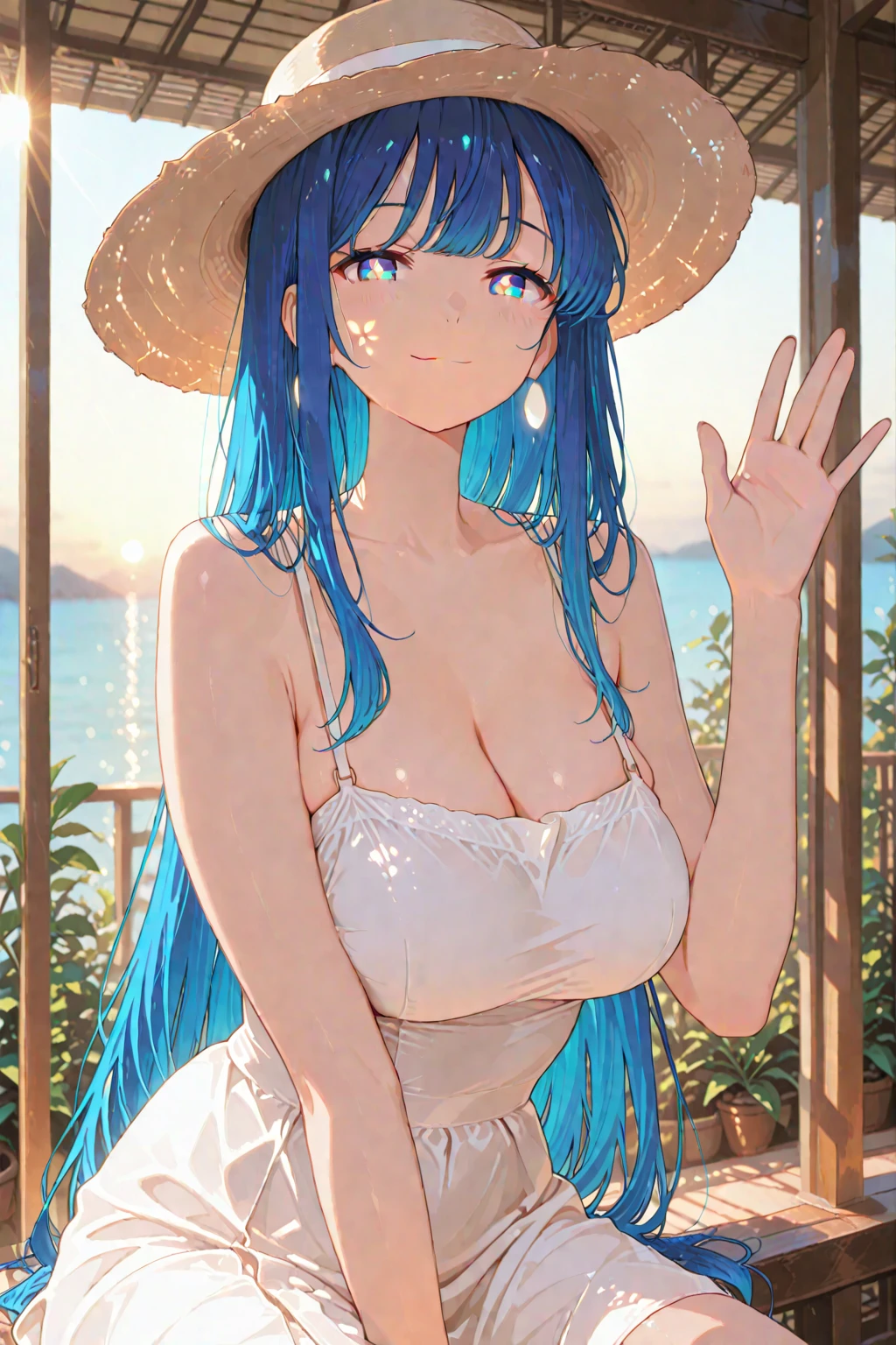 Highest quality、Highest quality、Masterpiece、girl((20-year-old、as soon as、Highest Bust、Medium Bust、Wide open chest、Red glowing eyes、Light Blue Hair、Disheveled Hair、Loincloth、thin、The best valley、Open chest、Full body view、NSFW((Upper body naked、Lower body naked))、On all fours、Completely naked))、high quality、Beautiful Art、background((window、Blue Curtain、Ocean House、Wooden bed、Wooden chest of drawers、Fan))、flight、Flying Debris、Depth of text、movie、Visual Arts、Perfect Art、8K、Genuine、Special Angles、Depth((Ocean、Wave、Beach、Palm tree、Nudist Beach))