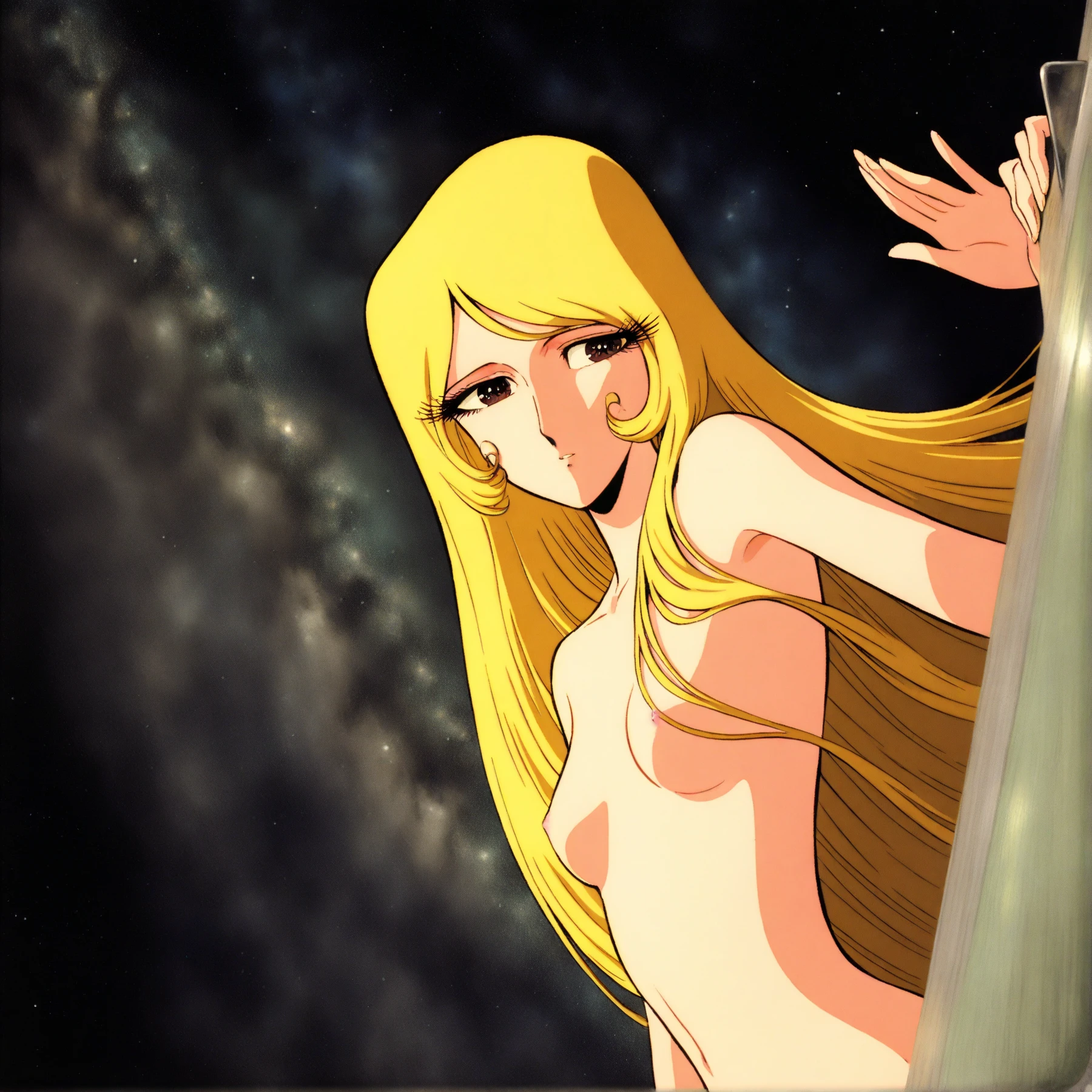 1 girl, light blonde hair, serene expression, mesmerizing eyes, straight long hair, ((completely naked, fully naked)), poised posture, porcelain skin, subtle blush, blue crystal pendant, earring, golden hour, (rim lighting):1.2, warm tones, sun flare, soft shadows, vibrant colors, painterly effect, dreamy atmosphere, scenic lake, distant mountains, willow tree, calm water, reflection, sunlit clouds, peaceful ambiance, idyllic sunset, flat art, ultra detailed, official art, unity 8k wallpaper, zentangle, mandala