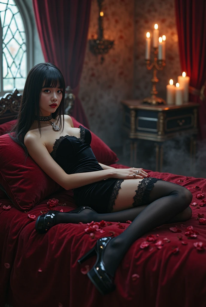 The expression of dissatisfaction and collapse，Sexy，【Pheromones】，《Chloroform》，《L cup》The  devil, Glamorous eye makeup。Wear cool and revealing clothes, Raise your left foot。The devil&#39;s cheeks are slightly red，Blind eyes，The female devil is Asian。The female devil is wearing a low-cut Hanfu cloth bag。Fair skin on the waist。The thighs are fair and slender，The characters&#39; faces are as mature as possible.。background：rainstorm。The clothes are soaked and stick to the body。Add some fantasy effects。Magic light effects。Real-life shooting TV drama effects。Ultra-high resolution。Production quality reference Xuanji Technology