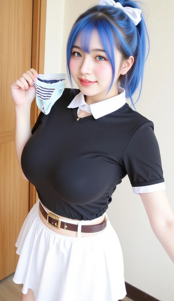 ((One Girl:1.4)),(masterpiece, Highest quality), ayanami,Are standing,((Looking into the camera)),(((Blue Hair)))、(((Berry Short))),(((I can see your chest))),(Nipples are visible), Leiayanami, Rei Ayanami, whole body、I can see your thighs、classroom、Large Breasts、blue dress, mini skirt、dress, neck ribbon, pinafore dress, ((red ribbon)),ribbon, , Short sleeve, short-sleeved,(Beautifully detailed face),(Rear View)