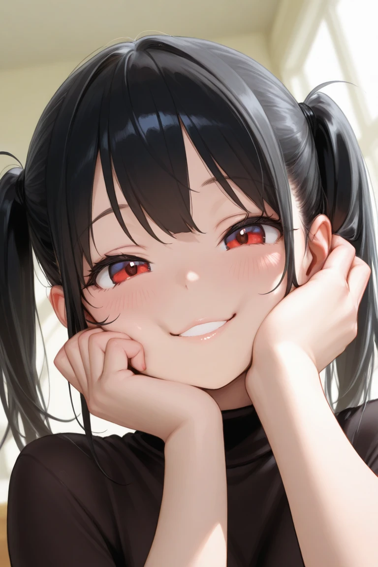 Sitting on a black sofa,looking ahead,from above,side view,face focus,open mouth,tongue out,cum on tongue,lick,(1girl,Beautiful 14 year old girl),((Slender,Small breasts,Baby Face,Small face,)),looking at viewer,Black Hair,bangs,two side up,Gray Eyes,Drooping eyes,slit pupils,narrow eyes,ollarbone,black t-shirt,off-shoulder look,Black and red checkered short skirt,Beautiful and detailed anime art,Mischievous smile,Dimly lit room,Simple Background,Gray background,Low lighting