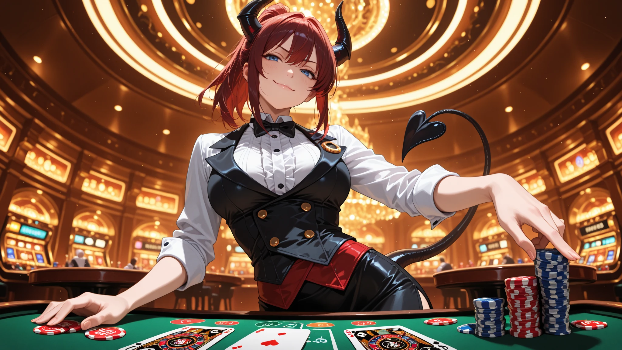 score_9, score_8_up, score_7_up BREAK xivmc, cat girl, animal ears, green eyes, slit pupils, freckles, tail, black hair, red hair, colored inner hair, short hair, hair ornament, black ascot, white shirt, long sleeves, red vest, large breasts, chest strap, red pants, casino <lora:clamXIVMC_locon:0.8> <lora:rouge-nikke-richy-v1_pdxl:0.8>