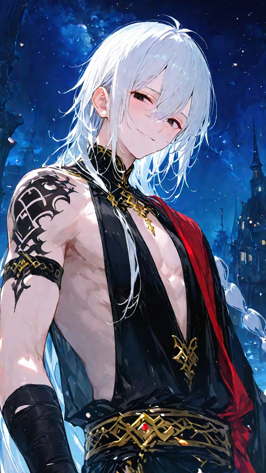 Ultra detailed, highres, absurdres, HDR, master piece, Krozseria, messy white hair, short hair, expressive red eyes, Demon Fantasy, pink petals, pink flowers, black cape, sexy man, solo, best quality, blossoms, blue shining fireflie, handsome, black horns, the word "Krozseria" is written on his shirt, fantasy, black horns, black gloves, bare chest