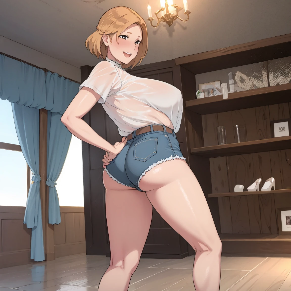 score_9, score_8_up, score_7_up, score_6_up, source_anime, masterpiece, best quality, BREAK 1girl, solo, clean golden hair, purple top, 18-year-old teenager, large bust, blue jeans, blue eyes, standing, attractive make-up, earrings, pov perspective, low angle, looking at viewer