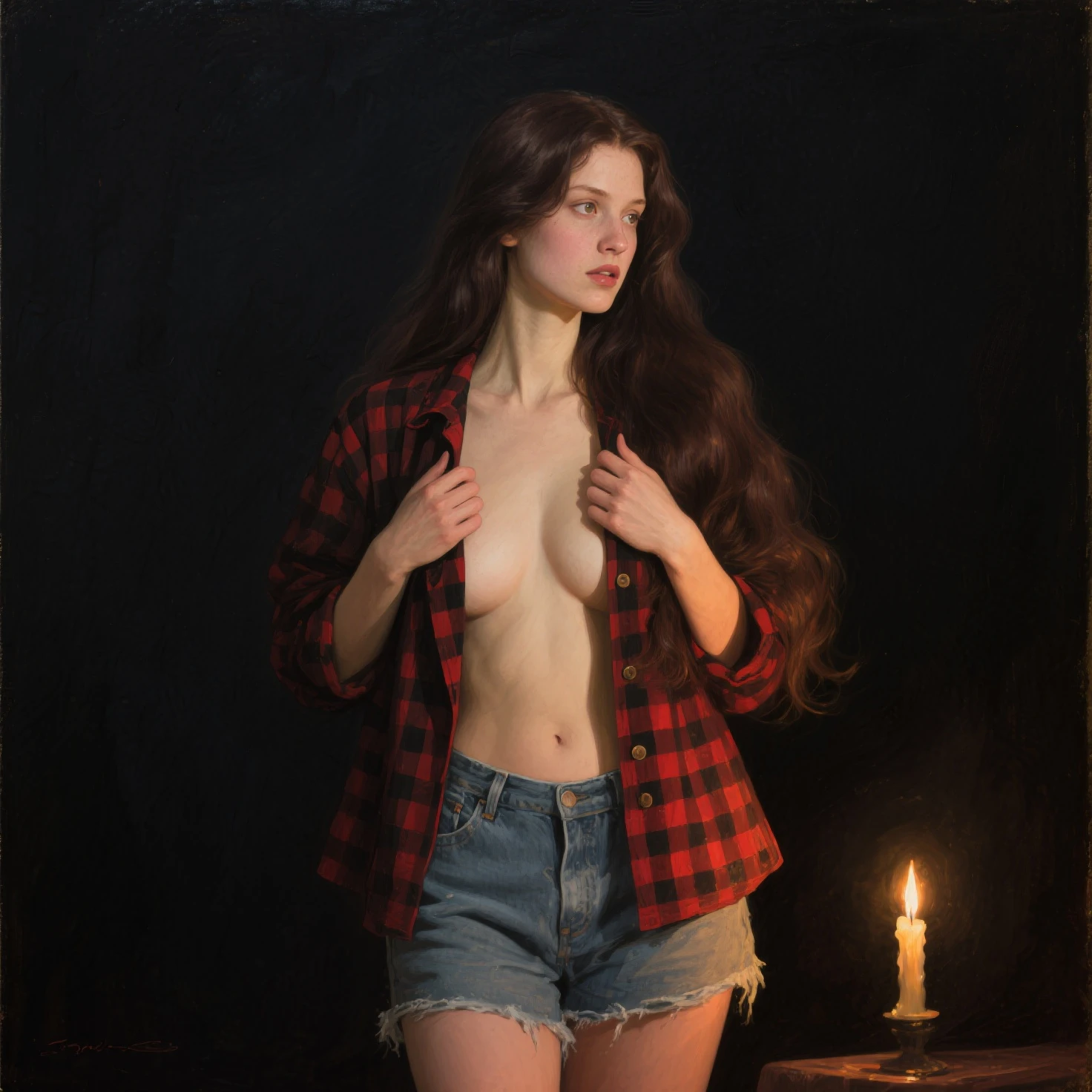 realistic photo of a 19 year old girl, beautiful face, cute appearance, short wavy red hair with bangs, freckles, dress with bare breasts, standing in an old church, relaxed expression, overflowing with emotion, play of contrasts with lights and Detailed shadows, depth of field, dark atmosphere with candlelight setting, large natural pointed breasts, ultra detailed hard nipples.