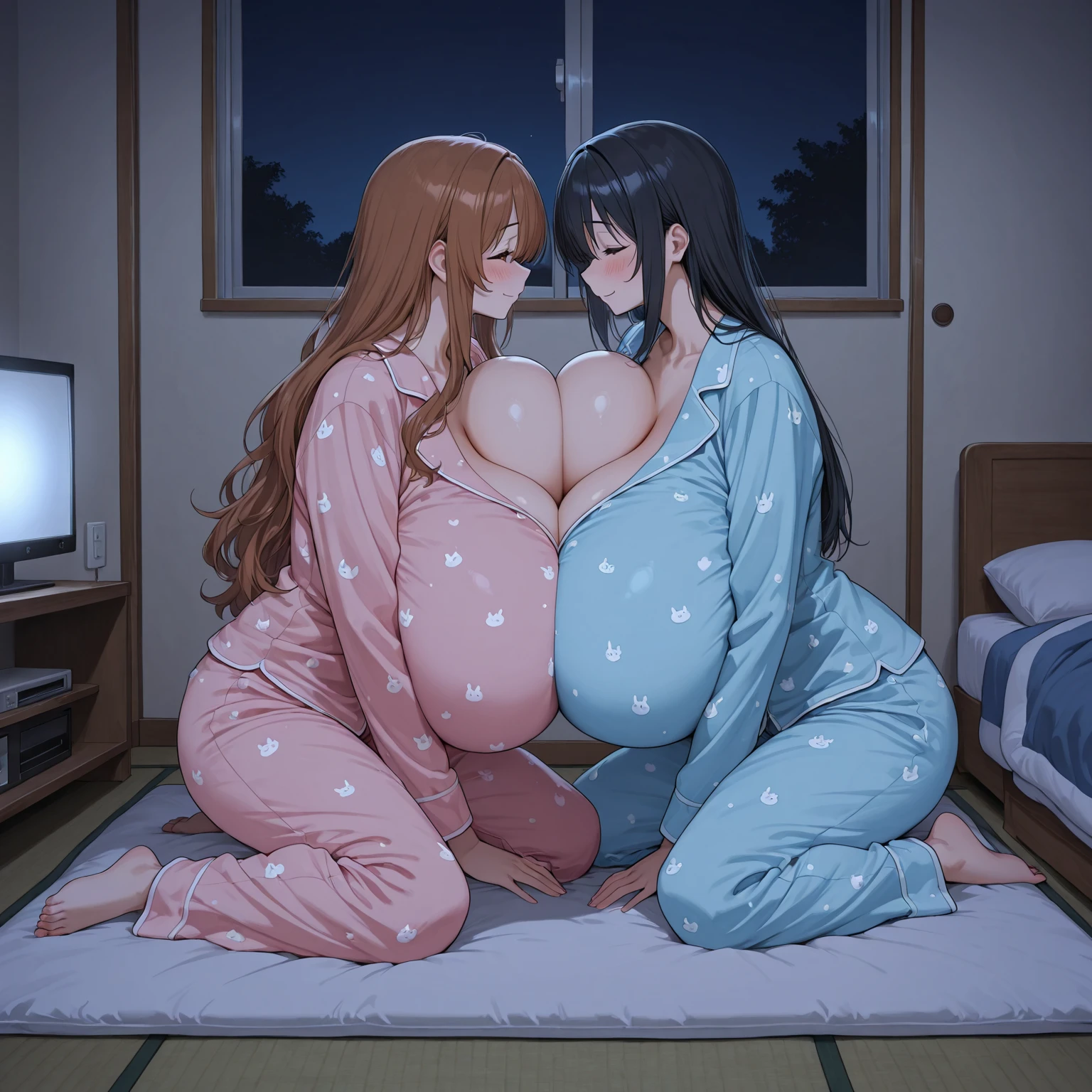 a comic page about a fully pajama wearing 24 year old extremely fat woman with ginger pigtails adjusting to her first night with her 40 year old gigantomastia mother with long gray hair as her second head on her immobile two headed body. She’s clearly uncomfortable with feeling her mother masturbate her now two headed 1200 pound morbidly obese body, using one hand to pleasure herself with her hand under the cover of the blanket as she watches a video on her phone. Her ashamed mother is telling her how much the two of them need this relief as she plunges her hand into herself. Her mother is clearly ashamed of herself for needing to touch herself so badly. she’s looking deep into her daughter’s eyes as they share their first earth shattering orgasm since mutating into a freakish two headed conjoined mother and daughter and repressing her urges. Her conjoined daughter has clearly never orgasmed before and is embarrassed about her mother touching their shared body as she looks away from her second head in shame as she cries out into her conjoined mother’s face.