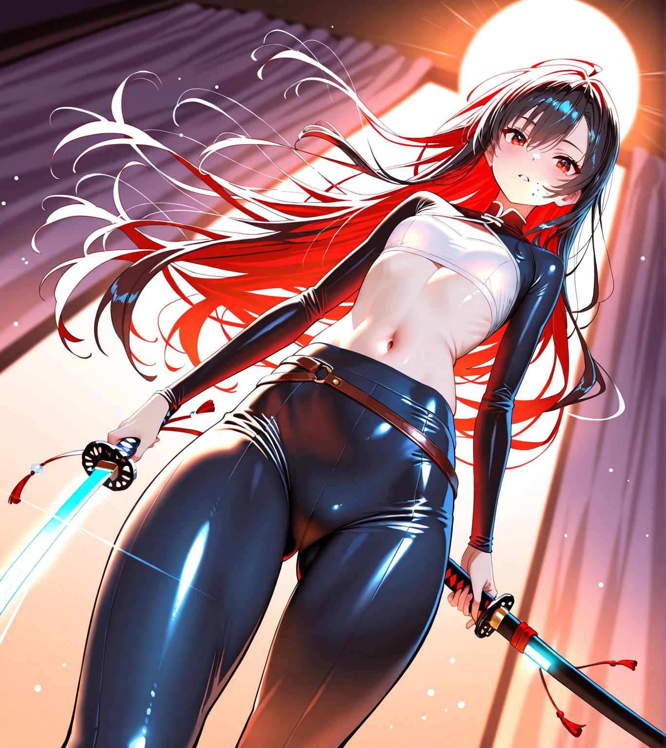 solo girl,Glossy metalic light silver tank top, tight latex shiny, Red interpolation color,Black hair bob,red eyes, camel toe, Samurai Sword,
Lift one leg,