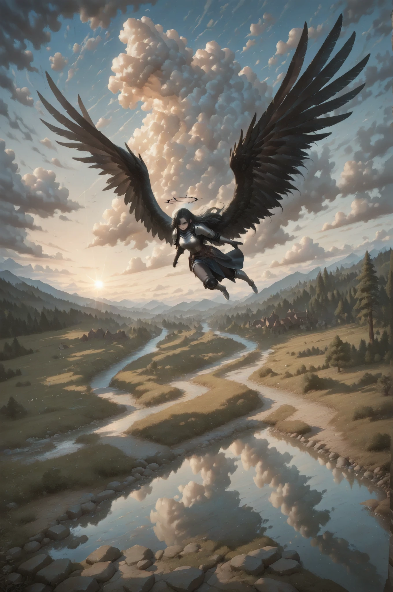 aasimar_fallen, black eyes, bone wings, black halo,, floats in the air on huge black wings, View from afar, flies over a medieval city at dawn . against the background, the medieval village below and the trees.  below, a river, reflection of clouds in water, vertical view from above. 
 fantasy style . Light illuminates the dust in the air with rays. Glare of light. cold shades. 
 unrealistic image  . amazing quality,  8 thousand.,    Ultra HD, impressive lighting. fantasy genre, Dramatic lighting. A highly detailed style of digital art. The composition is very rich in details. rays of light highlight the dust in the air. high detail. high sharpness.   Dramatic bright lighting  . Deep soft shadows.