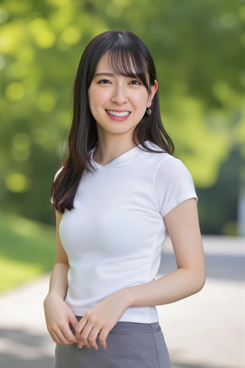 Standing in the park, Wrinkles around the eyes, Smiling with teeth showing, Plain short-sleeved clothing, senior citizen, Draw lips correctly, Red lipstick, No discomfort, 16K, Highest quality, Very detailed, Realistic, Very detailed肌, (Japanese), (alone), 60 years old, Large Breasts, , Glamour, sexy, Chromo White Skin, Staring straight ahead,