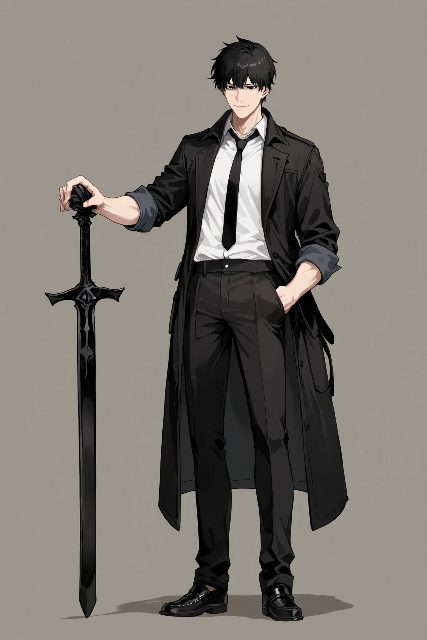 1 Man, handsome, front, full body, standing, black hair, sharp eyes, black eyes, faint smile, wearing a dress shirt (with sleeves rolled up), black tie, black coat (open in front), black pants, black loafers, left hand in coat pocket, right hand holding black sword, No background