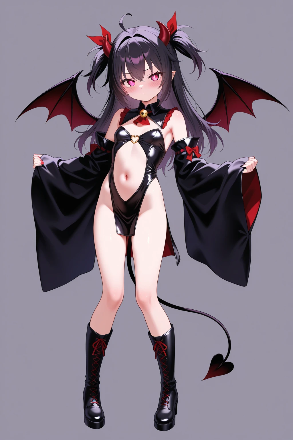 (masterpiece:1.2), (highest quality:1.2), 1girl, solo, horns, tongue, tongue-out, tail, Red-eyes, barefoot, navel, skirt, pointy-ears, Black-hair, demon-girl, blush, short-hair, demon-tai, looking-at-viewer, Gray-background, bare-shoulders, smil, full-body, choker, demon-horns, ribbon, naughty-face, collarbone, jewelry, Black-skirt, midriff, finger-to-mouth, hear, bangs, belt, bow, Black-ribbon, see-through, standin, bat-wings, flat-chest, ((miniskirt)), closed-mouth, leg-up, Black-wings, anklet, tsurim, Black-choker, hand-up