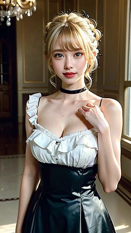 Wearing a corset ((whole body)), ((From above)), ((Visible cracks)), ((E Cup)), ((Type I Valley)), ((Warm colors)), long range shooting, Beautiful woman sitting on chair,Graceful posture,Slim figure。Her legs are slender and straight,Cross Placement,Forming a perfect diagonal。Her upper body was tilted back slightly.,Tilt your head slightly to the side,Long blonde hair falling naturally,Gently pat your shoulder。Soft colors,In contrast to her white skin。The edge of the skirt gently ripples,As if swaying in the wind。Her eyes were kind,There's a faint smile on his lips。A sunny room in the background,The sunlight streaming in through the window casts soft shadows on her face and body..,The whole picture is very harmonious and beautiful.