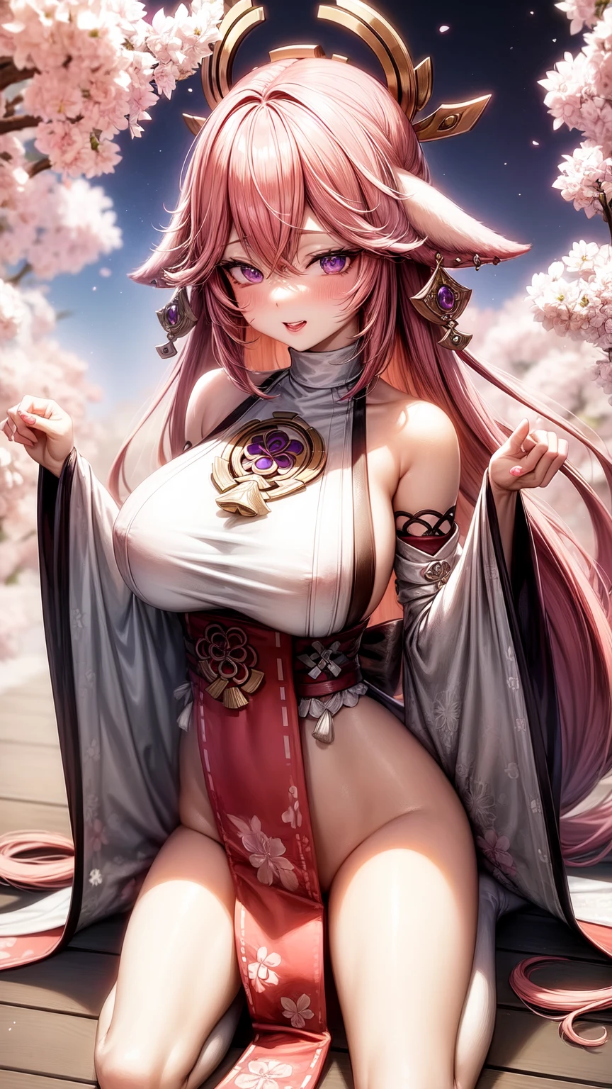 Narmaya standing in a forest of Cherry Blossom trees. Rays of light weave through the tree tops from the sun. She is wearing an elegant white dress that exposes her large cleavage. The image is extremely detailed with perfected anatomy. The lighting highlights her body in ways that arouses the viewer. Her expression is extremely seductive and confident. The image is life-like and semi-realistic. Extreme detail has been put into the shading. It's a masterpiece of erotic art. The scene evokes a sense of tranquility and wonder in the viewer. (masterpiece), best quality, expressive eyes, perfect face, Cherry blossom trees, light rays, sunny day, seductive, erotic, 8k, absurdres, narmaya, pink hair, blue eye with pink pupil, hair over eye, draph, horns, butterfly hair clip, large breasts and ass, mature face, 153 cm in height,