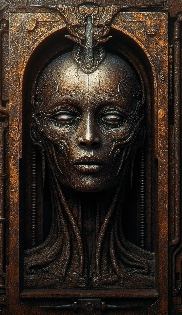 Hyperrealistic portrait of an alien cyborg deity with Hindu features sculpted on its altar in bronzed metal, warrior gods made of volcanic metal, with a bronze-like texture. The surface is precisely carved, displaying complex geometric patterns of Hindu gods fused with symbols and advanced circuits of alien quantum technology. Traces of verdina bronde oxide emanate from its indentations, contrasting with the roughness of the metal, giving it an ancient, sacred, and above all, divine appearance. The entire face and the immediate surroundings are sculpted as a single monolithic work: the background depicts alien technological structures with quantum-engineered components embedded in the same bronze, forming modules, cores, and channels that appear to function symbolically. Images of Hindu deities still unknown to humanity. There are no added artificial light sources; the scene is dimly lit by a single PAR spotlight from a side angle, generating realistic shadows and dramatic volume. The atmosphere is dark and oppressive, with suspended dust particles floating in the air, visible in the grazing light. At first glance, the entire composition resembles a ceremonial sculpture of Hindu gods, but closer inspection reveals an irrefutable fusion with advanced extraterrestrial technology. The reliefs and sub-reliefs are defined with absolute precision, projecting real sculptural depth and volume. The image is rendered in natural perspective, with realistic depth of field, in ultra-high resolution (16K), at 1200 DPI, with microscopic textures and a photographic-quality finish. A monumental work of metal, half temple, half alien machine, executed with the aesthetics of extraterrestrial sacred art. A peerless work of art that leaves humanity with a missing link in evolution.
