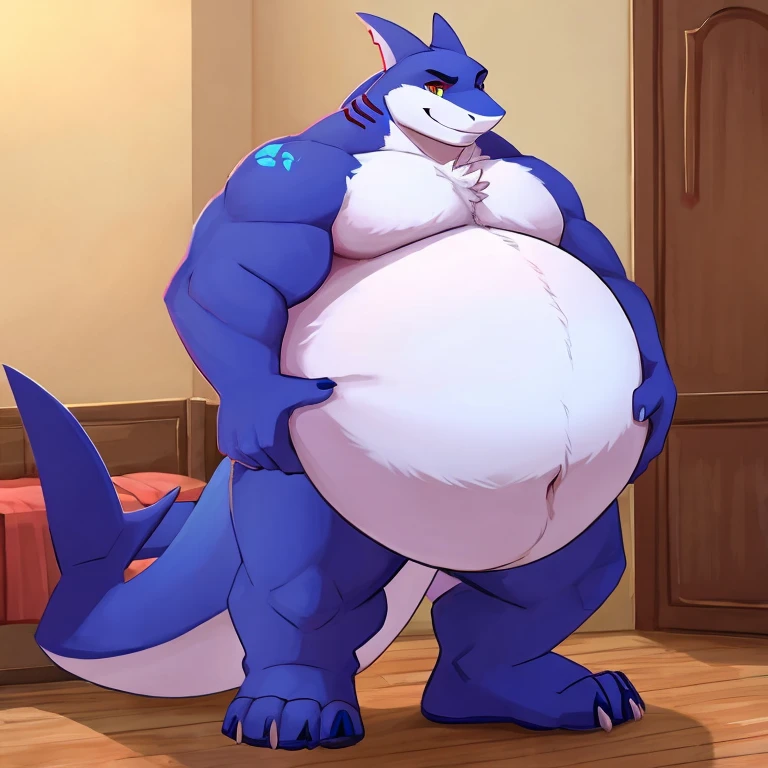 full body character artwork, sexy fat male furry anthropomorphic fat dark fantasy inspired crystal cobalt blue dragon daddy with a jockstrap and big cartoonish eyes, pure black background, male pred, vore, looking at viewer (dark fantasy inspired art by zackary911: 1.4) (big belly: 1.4)
