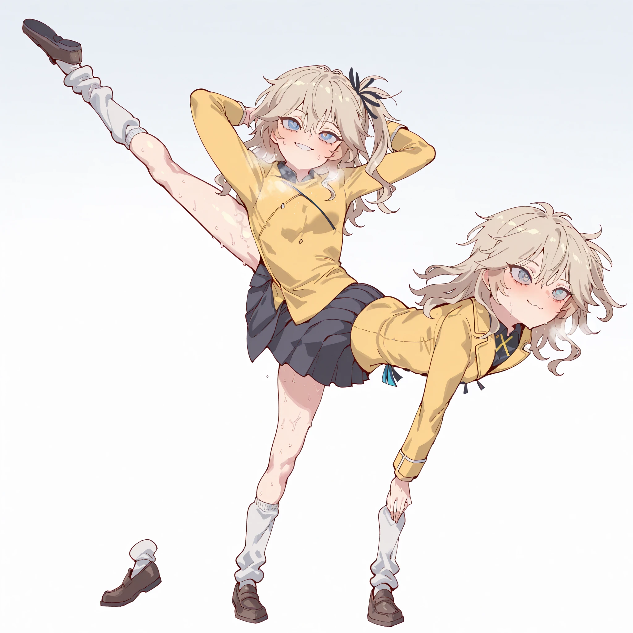 Two School girls in business suit, fully clothed, tight pants, one is doing standing splits, and the other is showing her butt by bending over