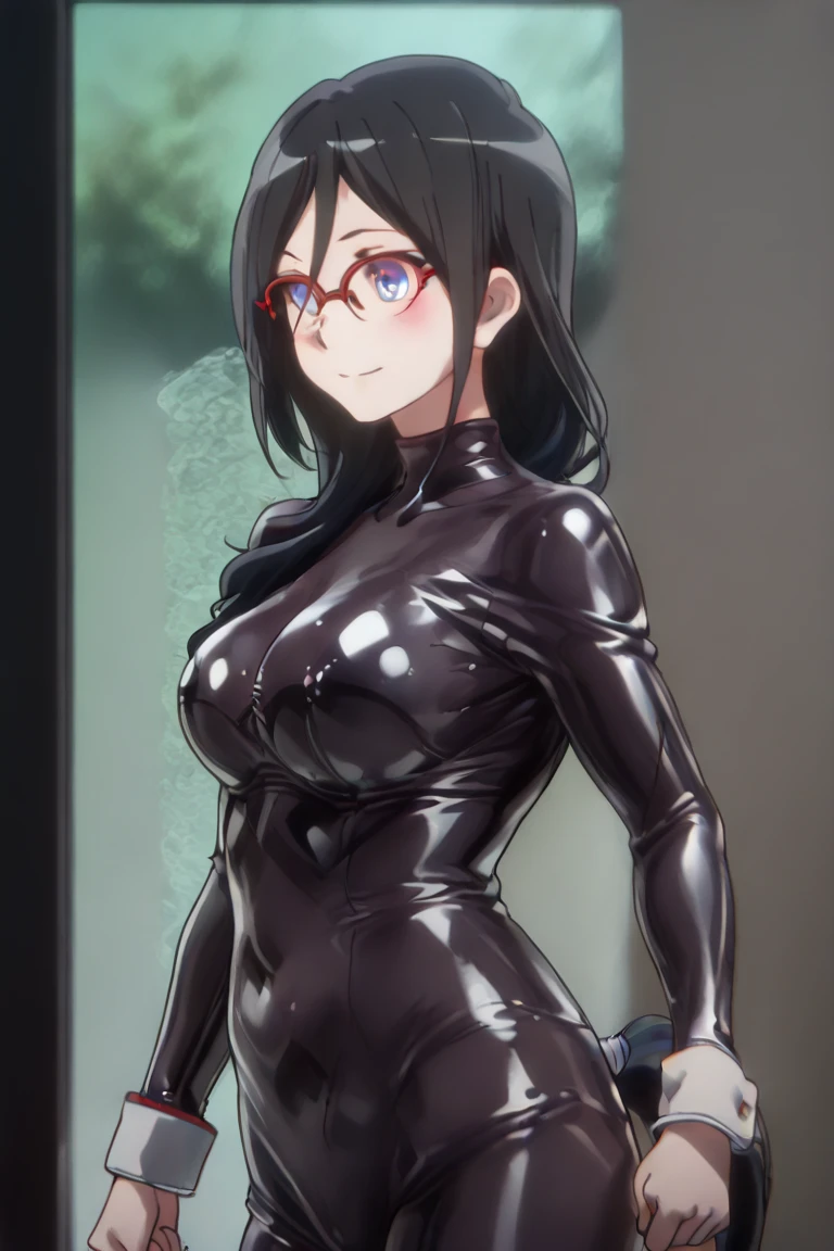 (big breasts:1.5),shiny,hair,((alone)),((masterpiece)),((highest quality)),perfect anatomy,slim waist,perfect image,8k uh,(detailed and beautiful eyes:1.5),highly detailed face,Are standing,(Upper body:1.1),(look ahead:1.1),back arm,Super detailed,disorganized,High resolution,Glasses,black hair,前hair,(full tight bodysuit:1.2),(shiny body suit),indoor,(shiny hair,),