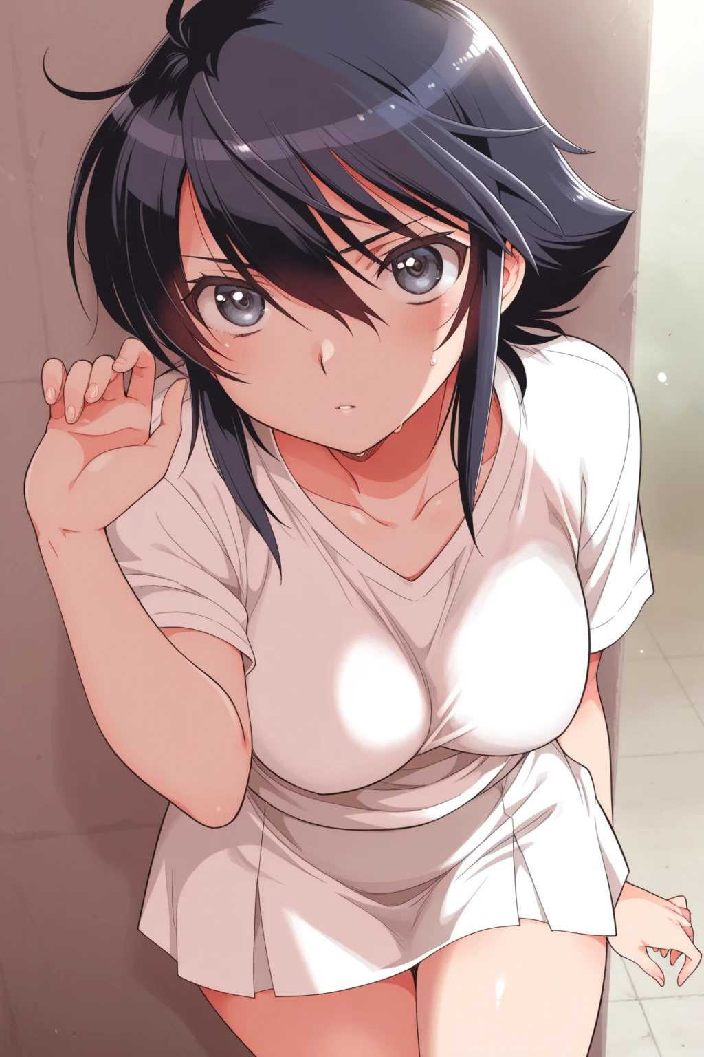Curvy blue eyed girl with long wavy black hair and small breasts, (cruel_expression):4.0, lewd:2.0, (pubic_stubble):3.0