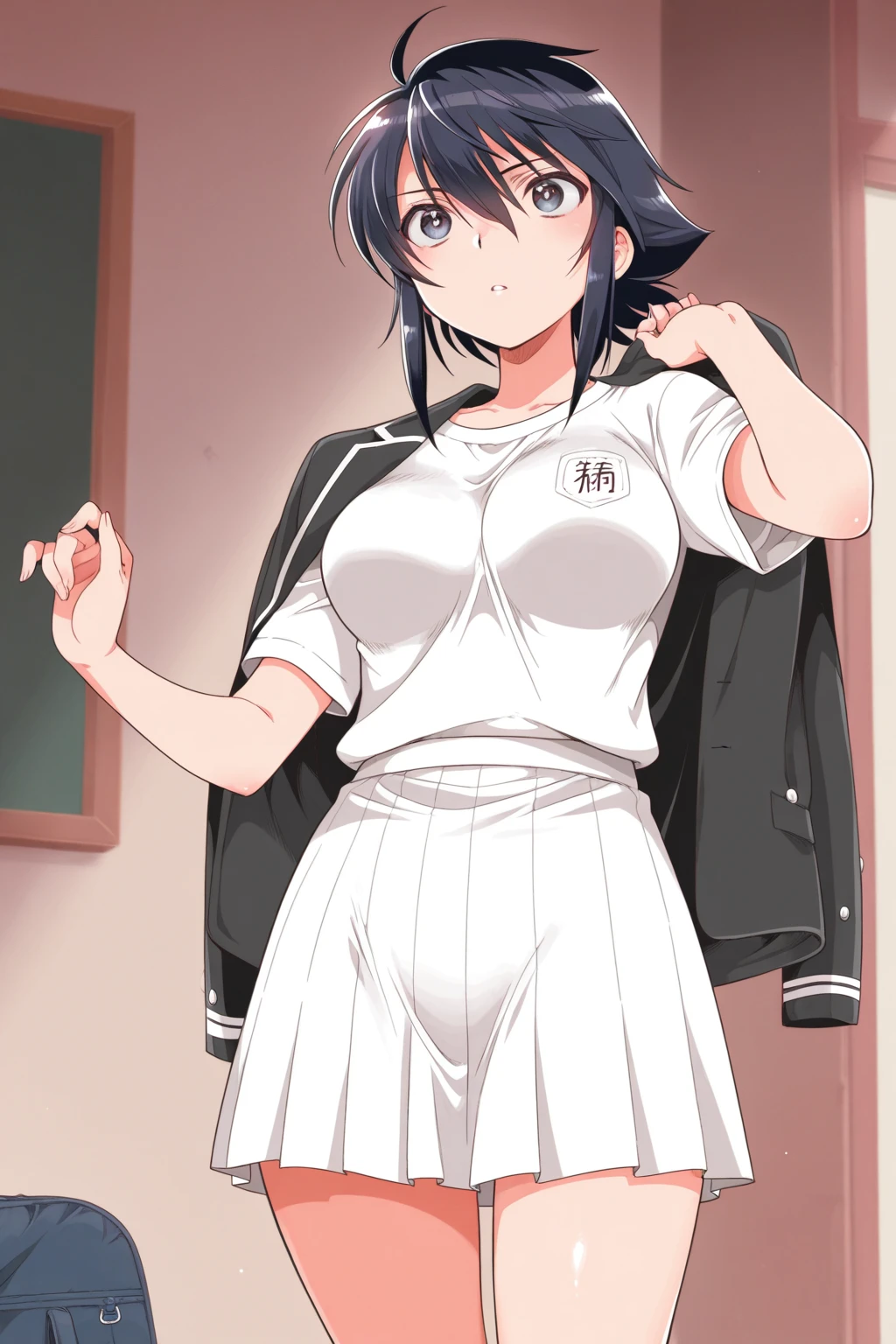 Please draw a policewoman in the style of Kaoru Hachigatsu。9：16 shows the whole body。The camera angle makes me look up at the policewoman from below.。Women in 。I can see your pants。Panty shot。