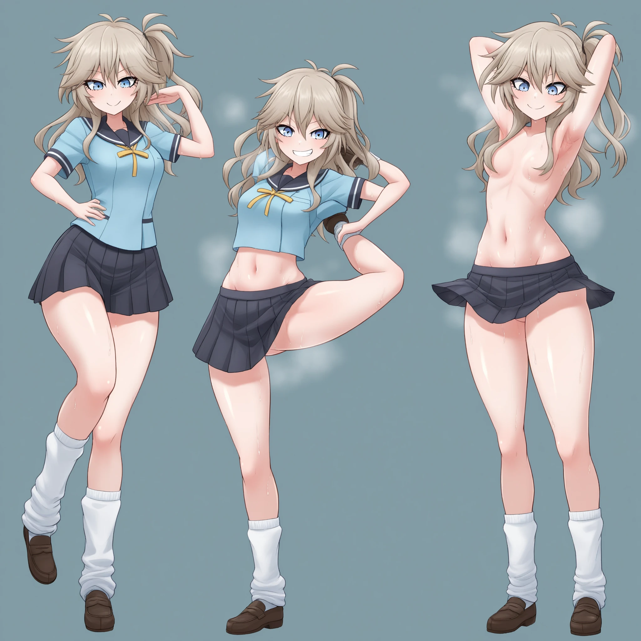 masterpiece, best quality, Itsumi Erika, 1girl, ashen blonde hair, blue eyes, solo, medium breasts, naked body, nude, full nude, standing frontally, casual pose, pov, looking at viewer, whole body can be seen, indoors, locker room, expressionless, detailed hands, five fingers, female genitals